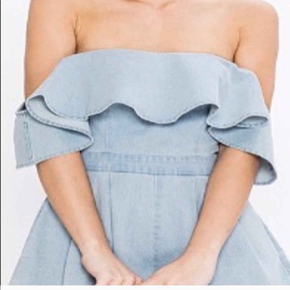 Denim off the shoulder romper.